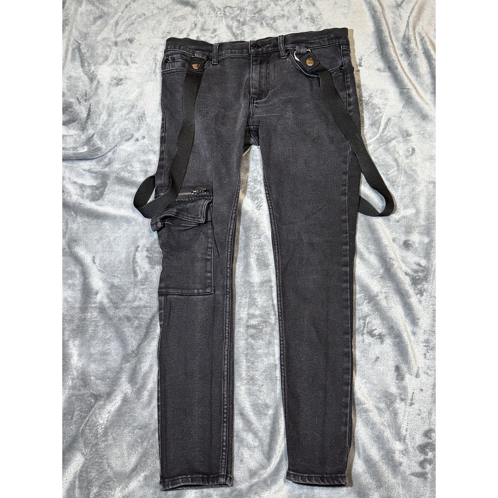 HT Denim Stinger Jeans Mens 32x32 Black Skinny Strap Zip Cargo Stretch Goth